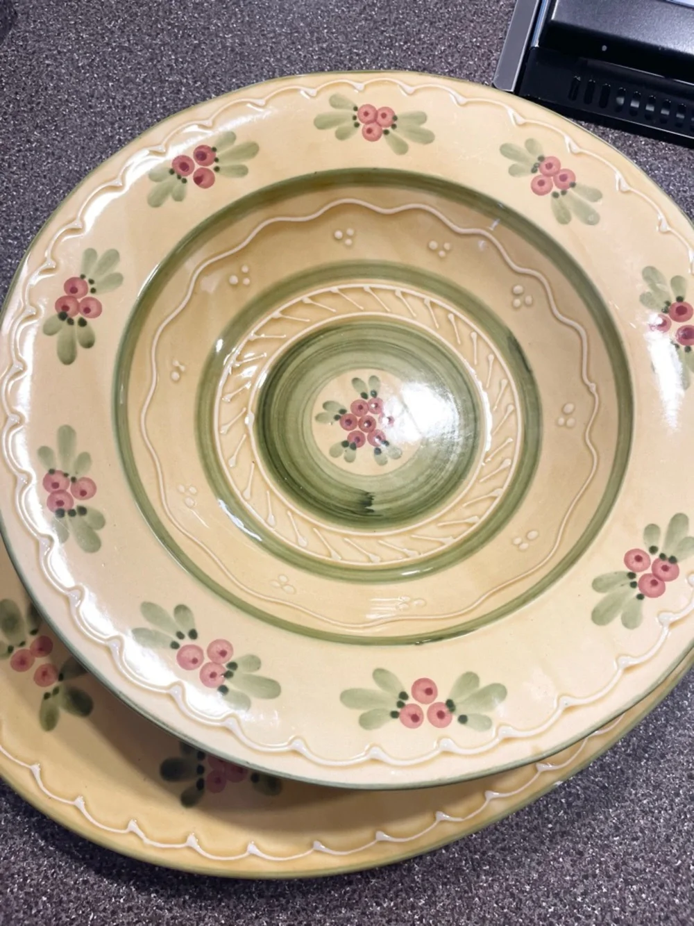 William Sonoma Hand-Painted Floral Ceramic Serving Plates - Yellow and Green